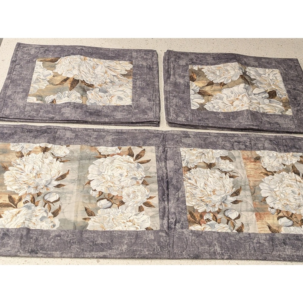 Quilted Placemats (6) and Table Runner (1) Set Of 7 - Reversible Floral Peonies - Picture 1 of 14